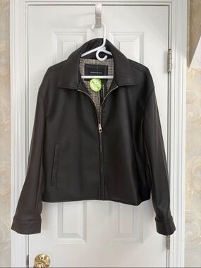 BCBGMaxAzria Black Vegan Leather Zip-Front Jacket with Bold Gold Hardware